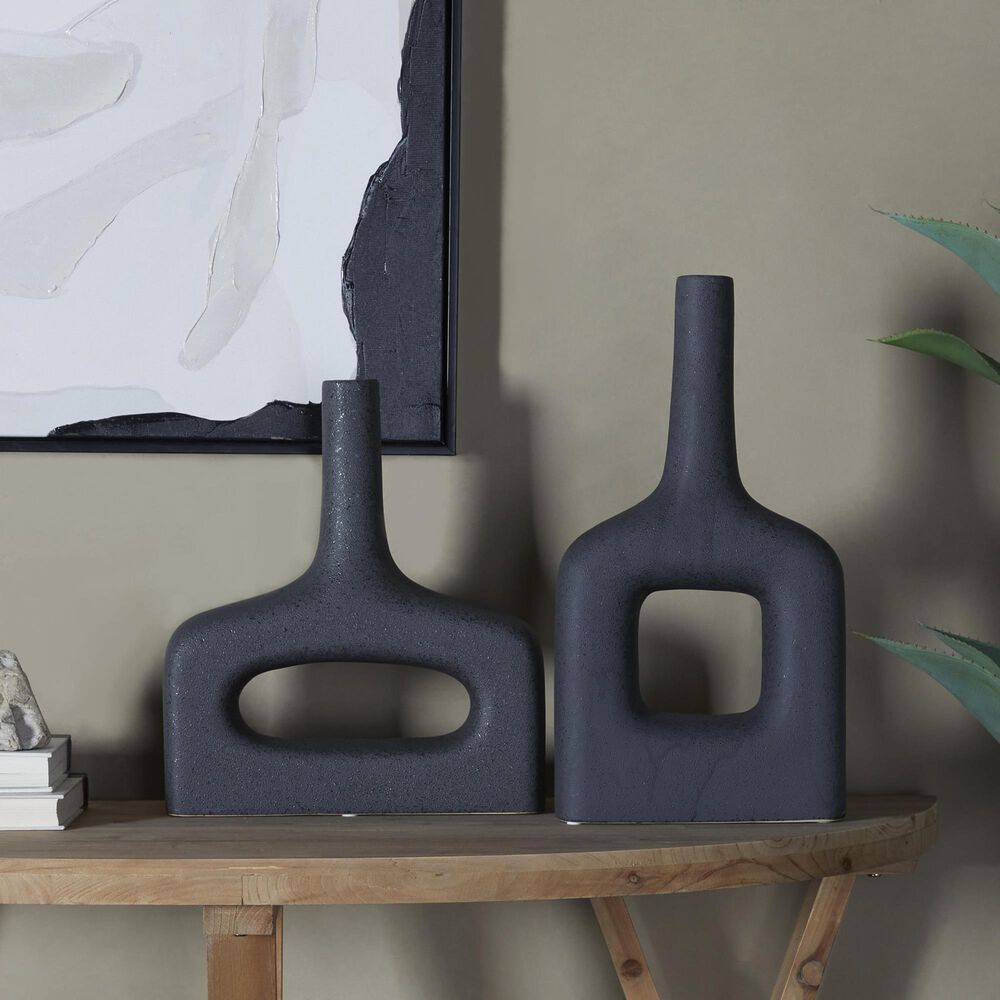 Maple and Jade 2-Piece Donut Shaped Decorative Vase Set in Matte Black, , large