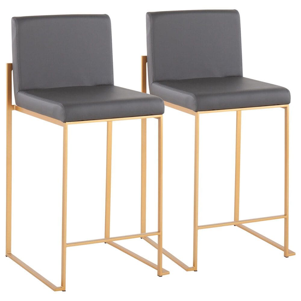 Lumisource Fuji High Back Counter Stool with Grey Faux Leather Cushion in Gold (Set of 2), , large