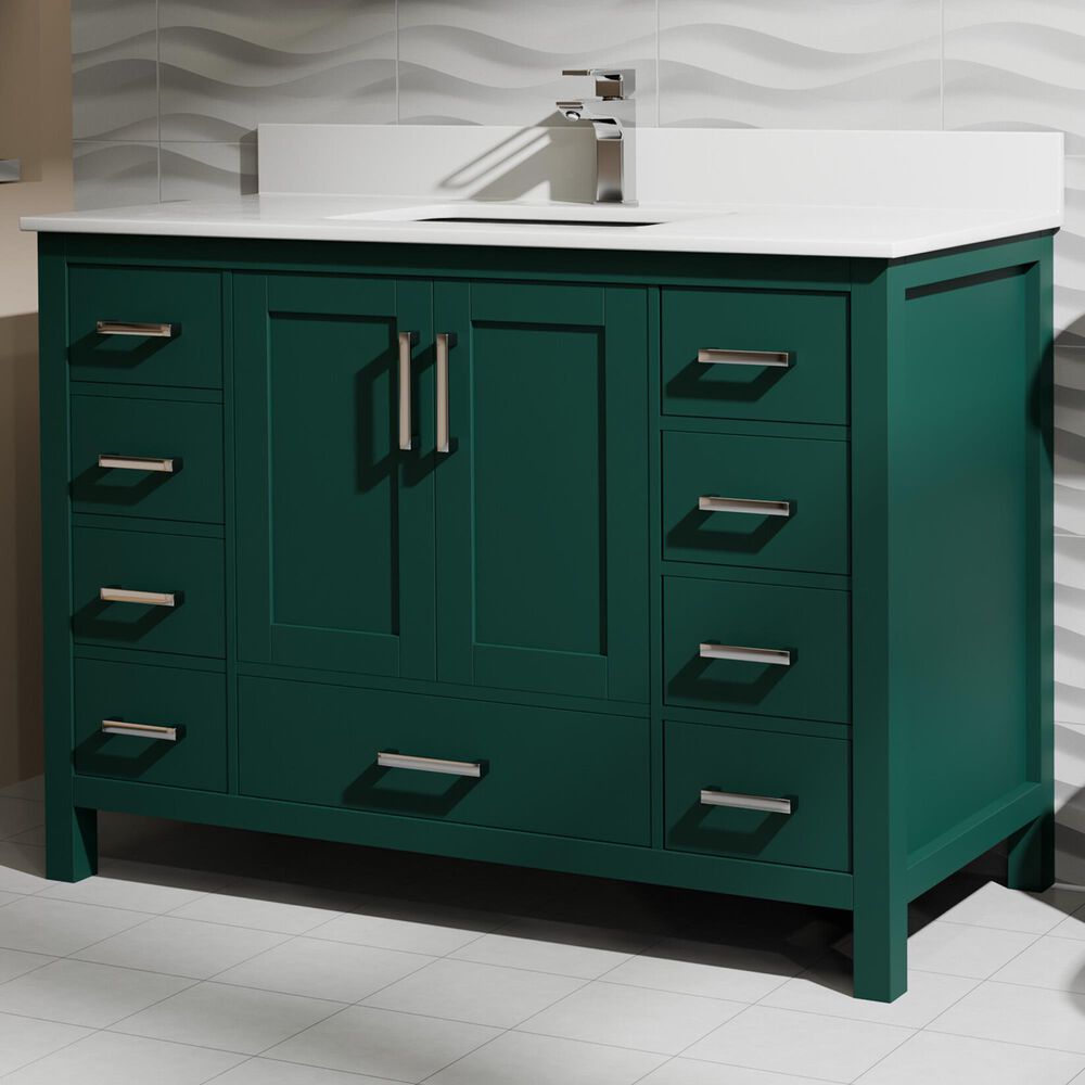 Lexora Home Jacques 48&quot; Single Bathroom Vanity in Green with 2 cm White Cultured Marble Top and Rectangular Sink, , large