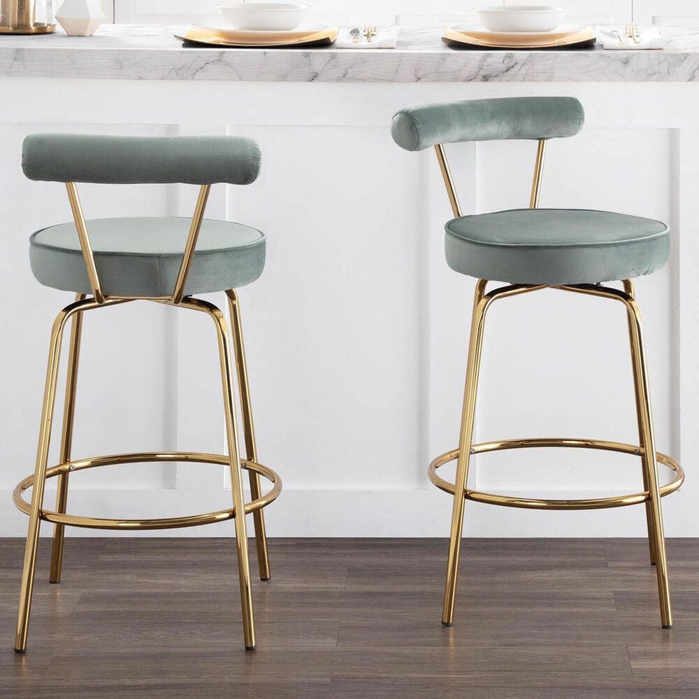 Lumisource Rhonda Swivel Counter Stool with Sage Green Velvet Cushion in Gold &#40;Set of 2&#41;, , large