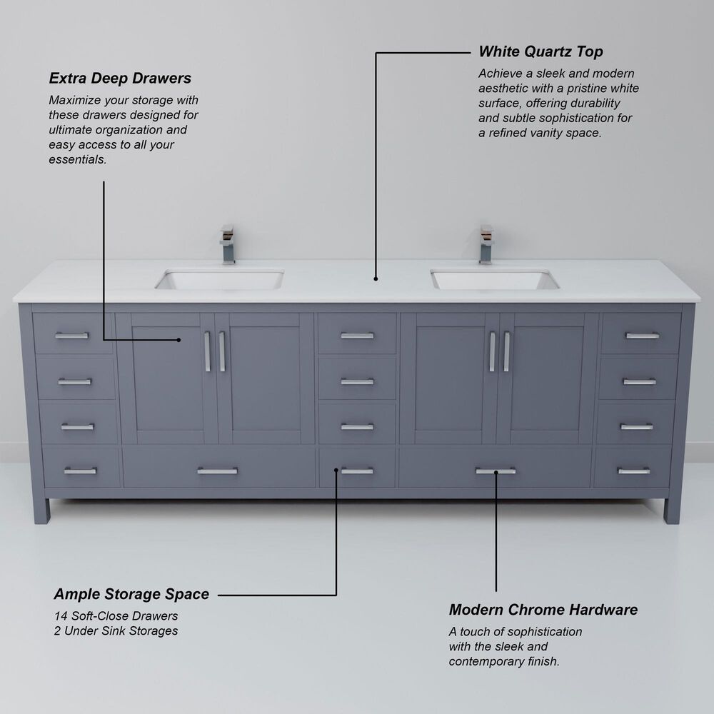 Lexora Home Jacques 84" Double Bathroom Vanity in Dark Grey with 2 cm White Quartz Top and Rectangular Sinks, , large