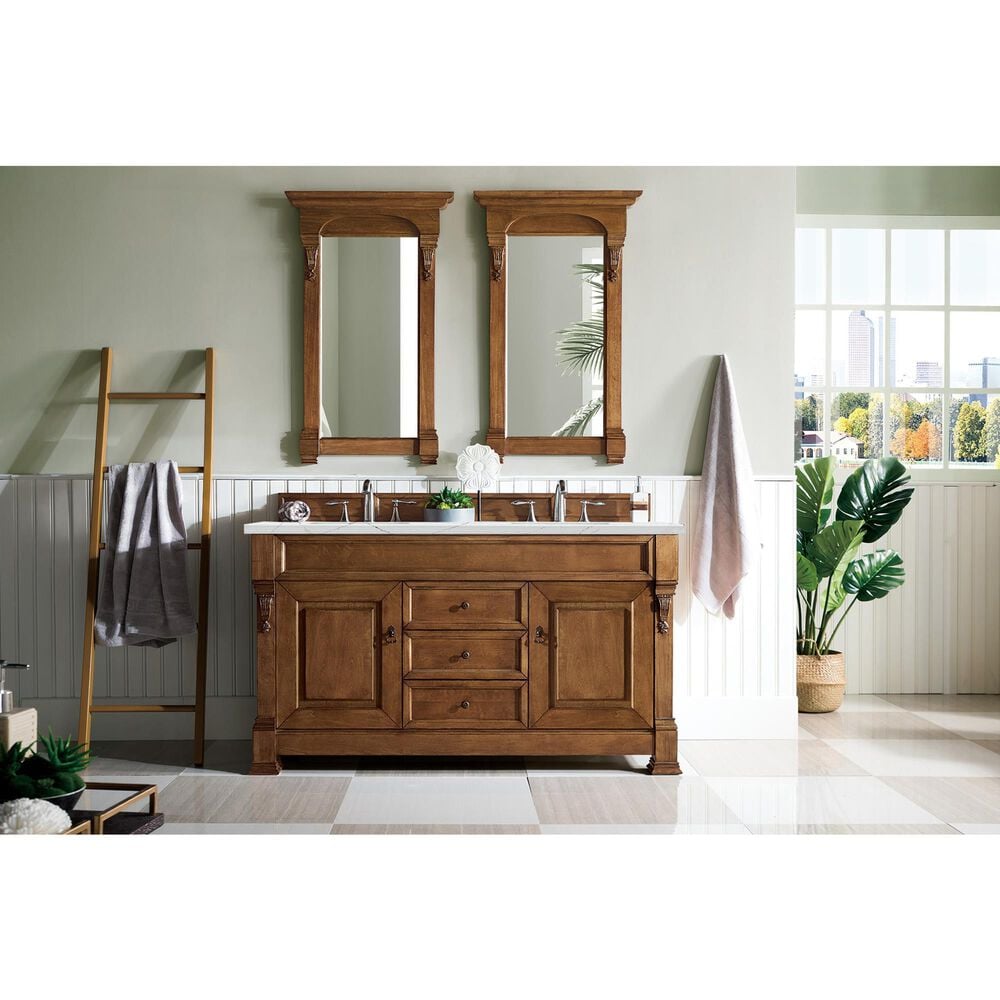 James Martin Vanities Brookfield 60&quot; Double Bathroom Vanity in Country Oak with 3 cm Ethereal Noctis Quartz Top and Rectangle Sink, , large