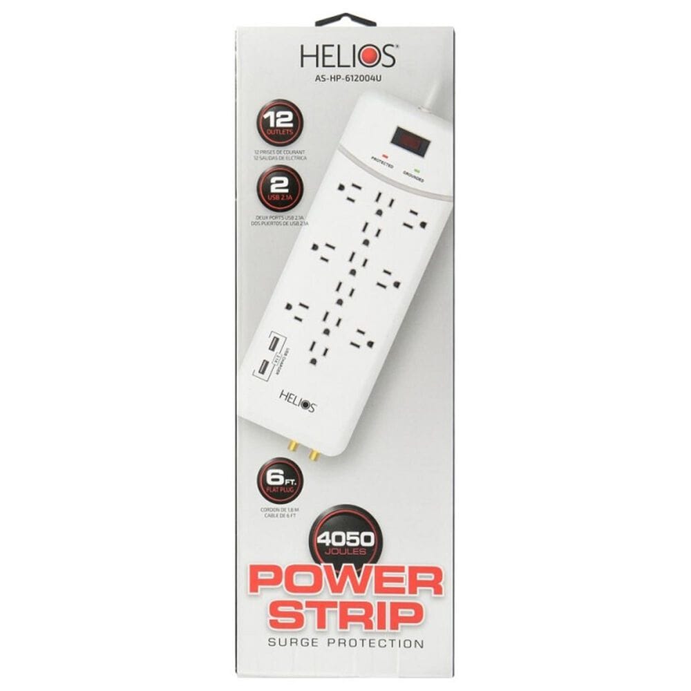 Helios 12-Outlet Surge Protector with 2 USB Charging Ports in White, , large