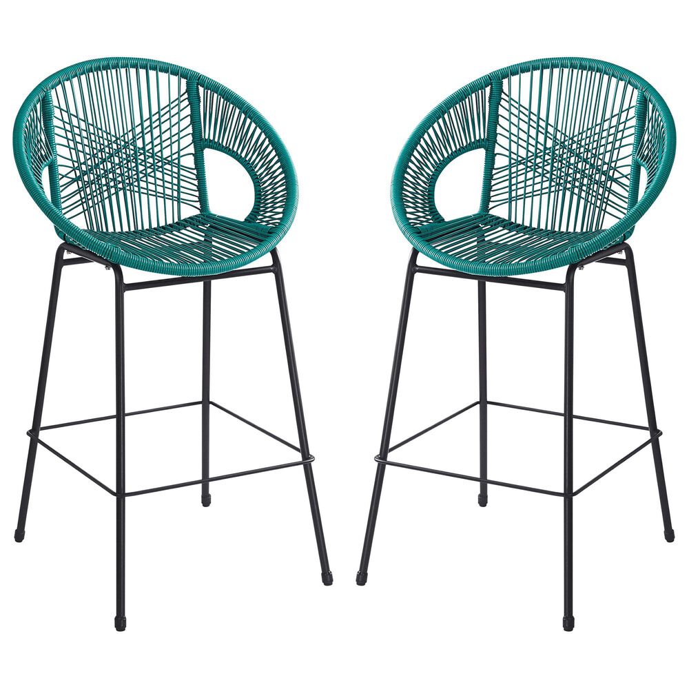 Hearth and Haven Ferrara Outdoor Faux Wicker Barstool in Teal (Set of 2), , large