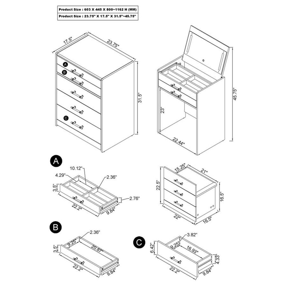 Pacific Landing Danbury 3-Drawer Makeup Vanity Set in White High Gloss, , large