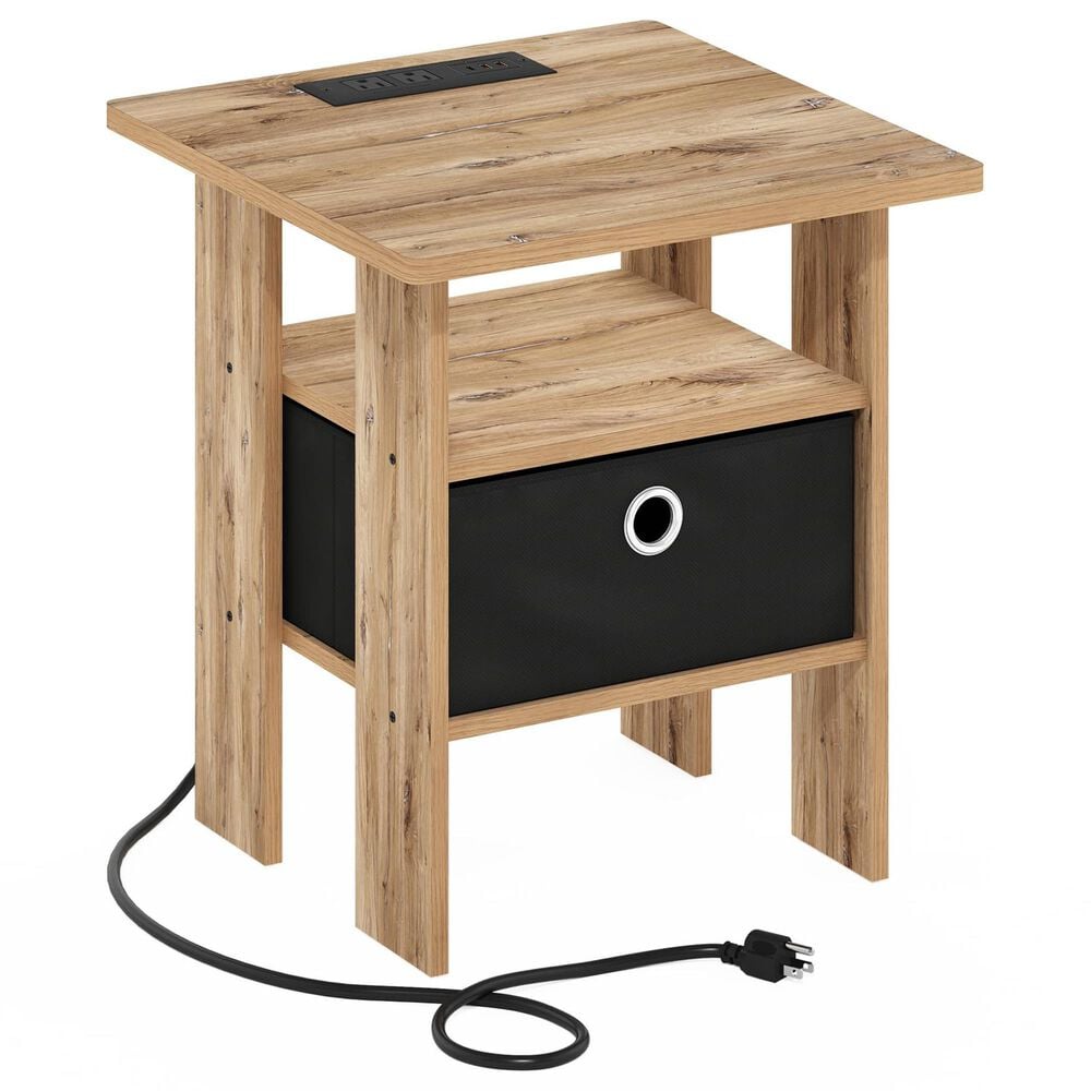 HOMLUX USB and Type-C Port Charging Station End Table with Black Storage Bin in Flagstaff Oak, , large
