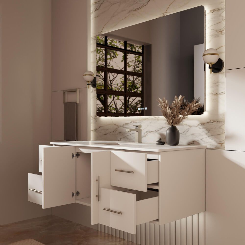 Lexora Home Geneva 48" Single Bathroom Vanity in Glossy White with 2 cm White Cultured Marble Top and Rectangular Sink, , large