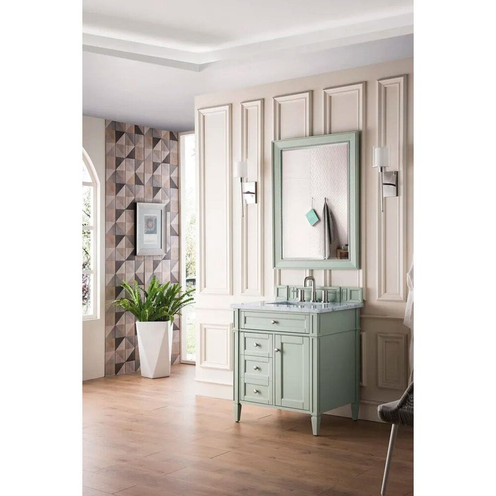James Martin Vanities Brittany 30&quot; Single Bathroom Vanity in Sage Green with 3 cm Carrara White Marble Top and Rectangle Sink, , large