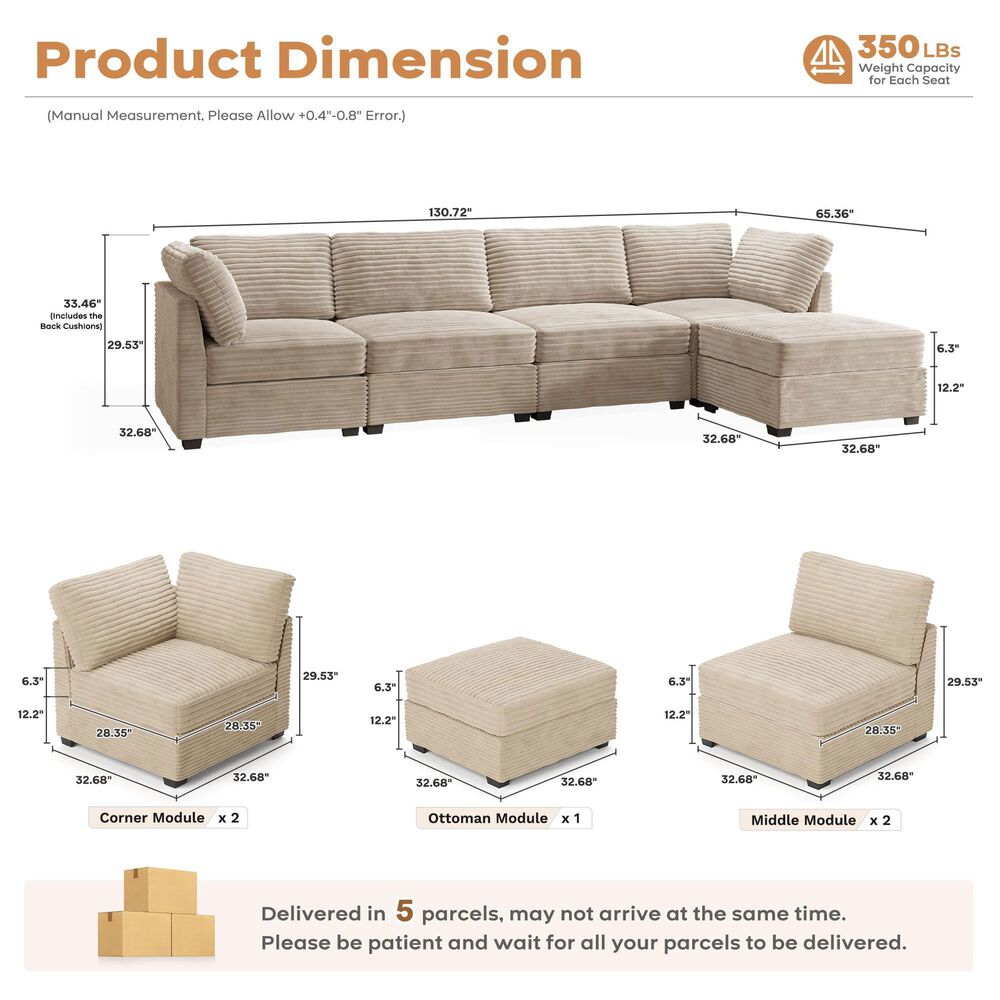 HOMLUX 5-Piece Mod Sectional with Ottoman in Beige, , large