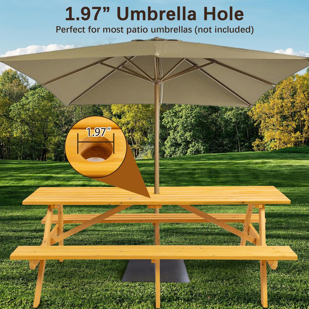 Hearth and Haven Outdoor Wood Picnic Table with 2 Built-in Benches and Umbrella Hole in Brown, , large