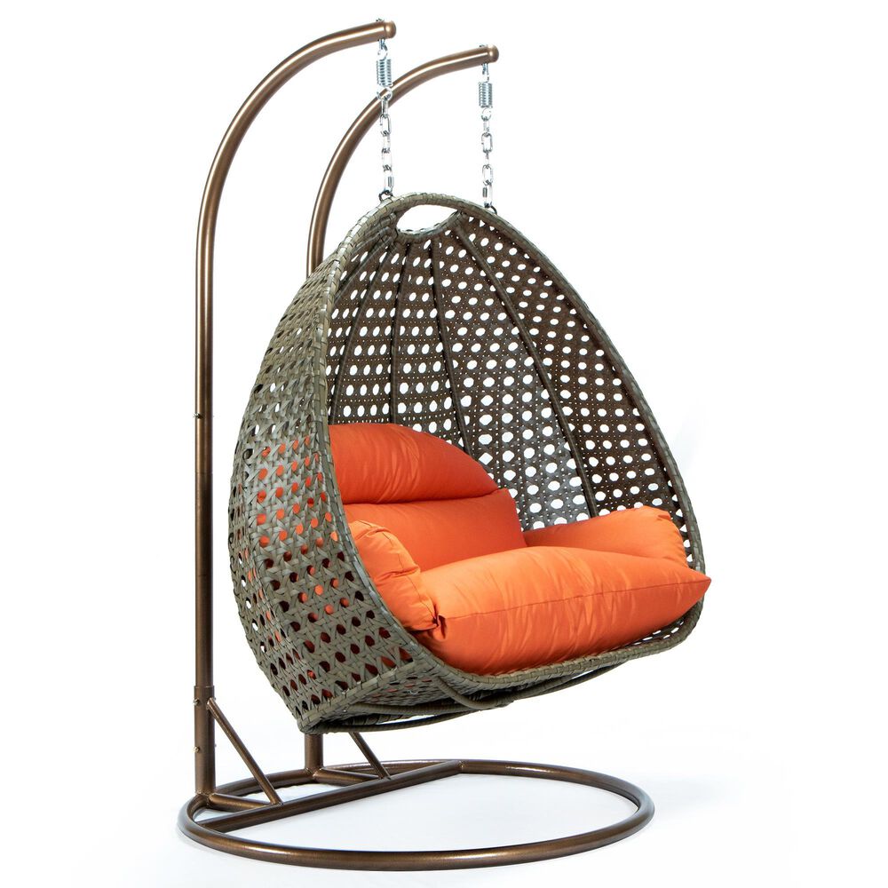 Leisuremod 57" Patio 2-Seat Hanging Egg Swing Chair with Orange Cushion in Beige, , large