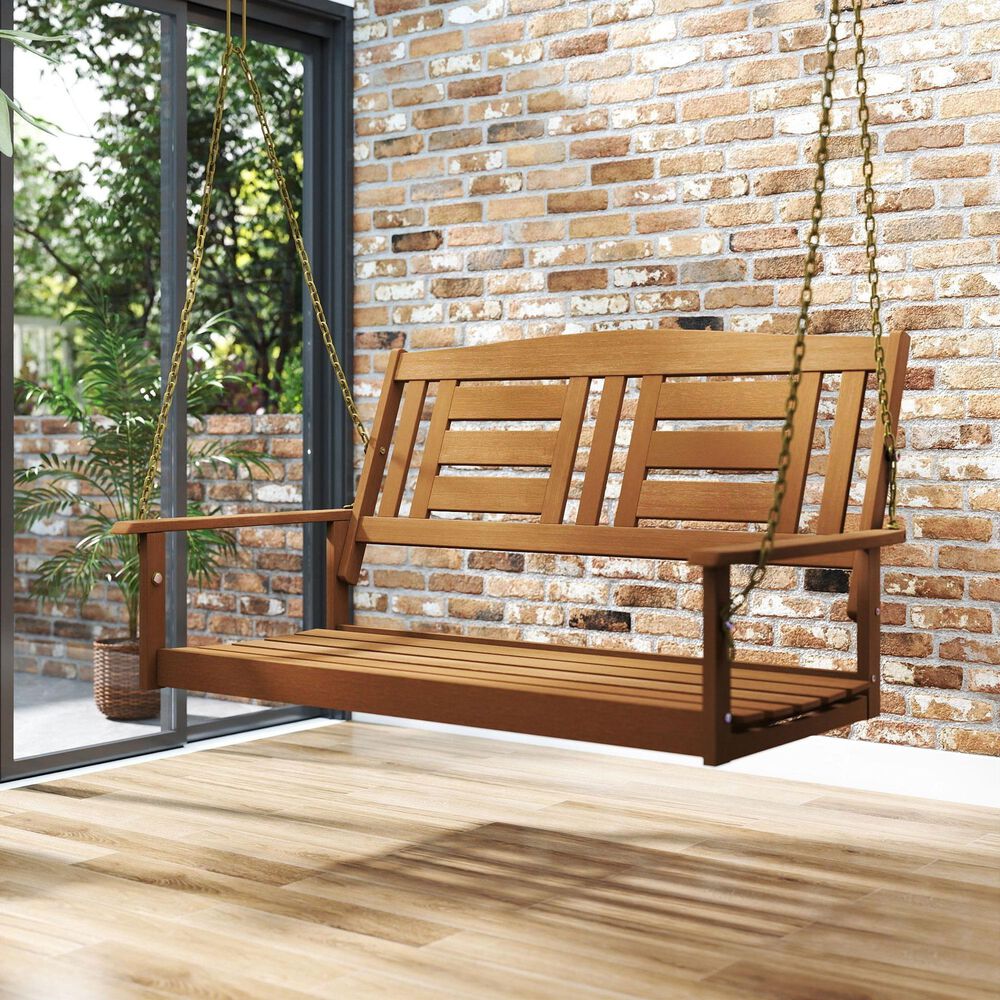 HOMLUX 2-Person Hanging Porch Swing Wood Bench with Hanging Chains, Curved Back in Teak Oil, , large