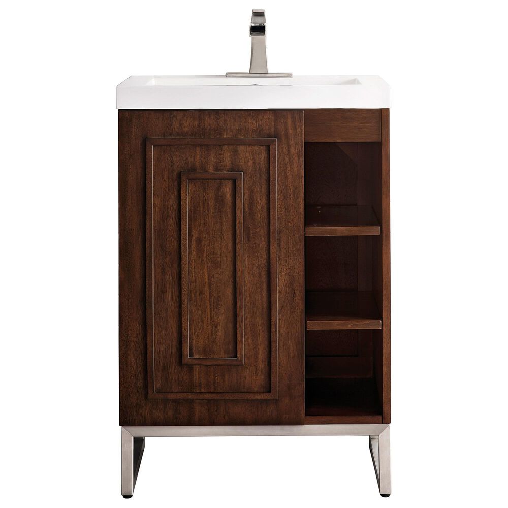 James Martin Vanities Alicante 24" Single Bathroom Vanity in Mid Century Acacia and Brushed Nickel with 5 cm White Glossy Resin Top and Rectangular Sink, , large