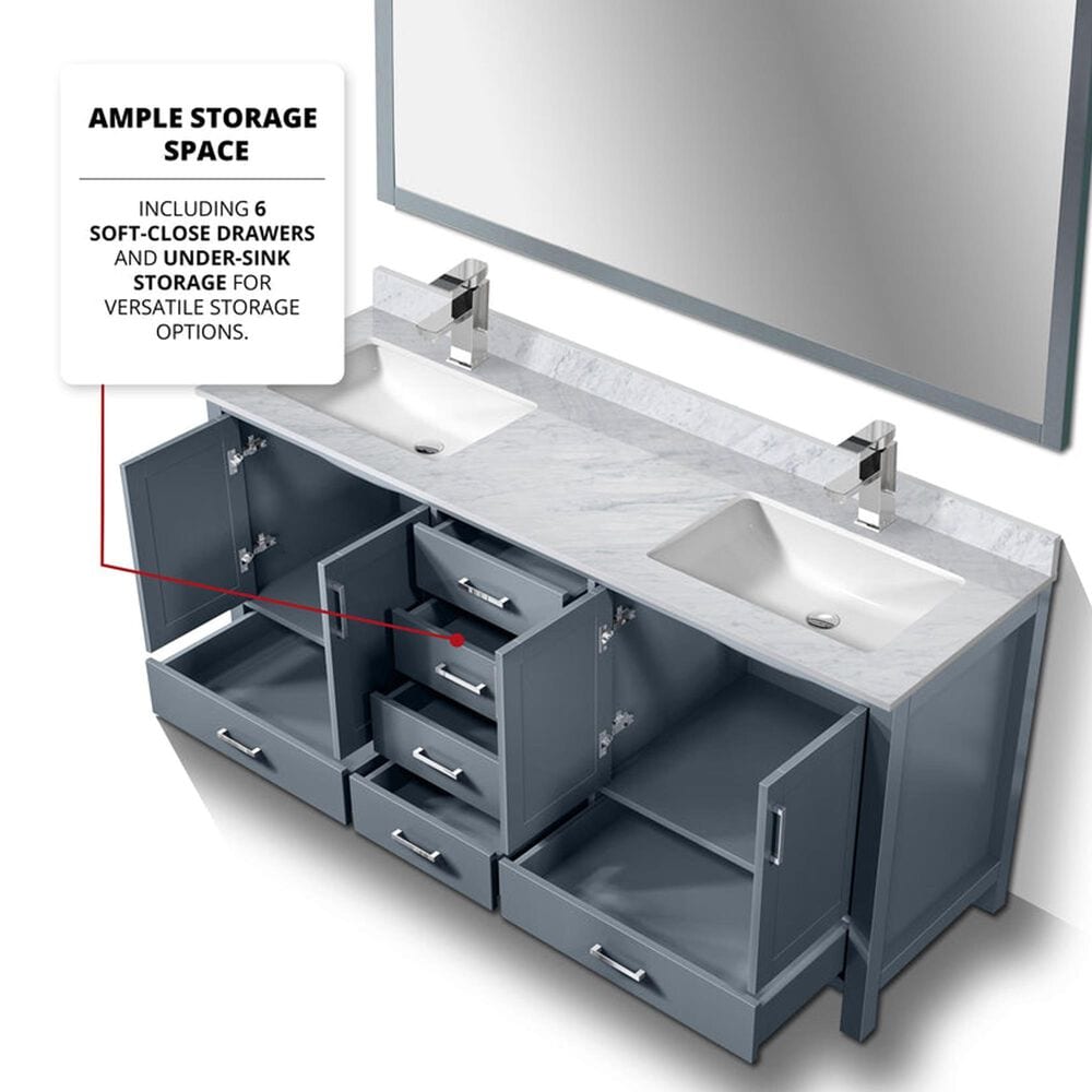 Lexora Home Jacques 72&quot; Double Bathroom Vanity in Dark Grey with 2 cm White Carrara Marble Top and Rectangular Sinks, , large