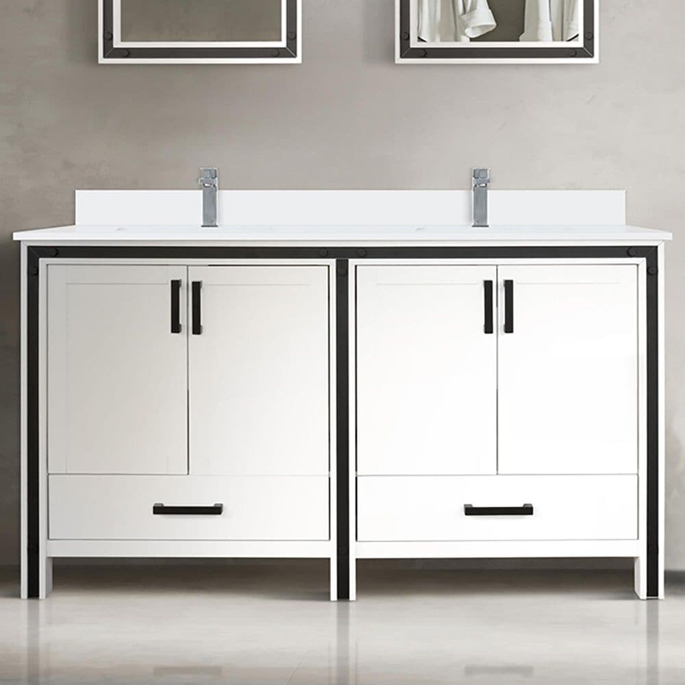 Lexora Home Ziva 60&quot; Double Bathroom Vanity in White with 2 cm White Cultured Marble Top and Rectangular Sinks, , large