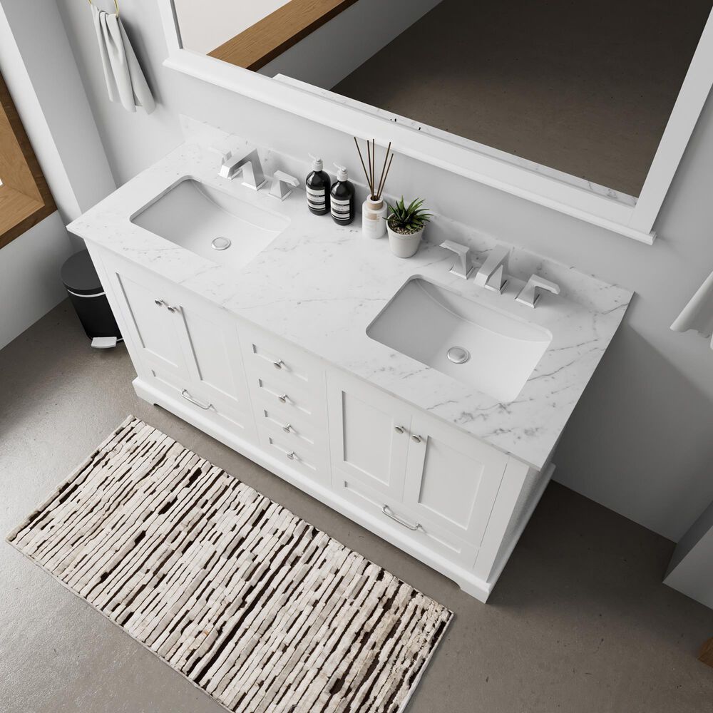 Lexora Home Dukes 60&quot; Double Bathroom Vanity in White with 2 cm White Carrara Marble Top and Rectangular Sinks, , large