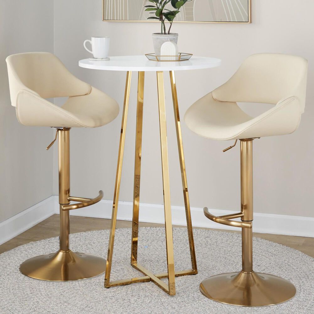 LumiSource Fabrico Swivel Adjustable Bar Stool with Cream Faux Leather Upholstery and Rounded T Footrest in Gold (Set of 2), , large