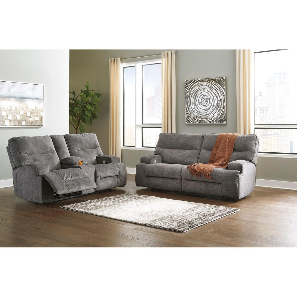 Benchcraft Coombs Double Power Reclining Loveseat with Console in Charcoal, , large