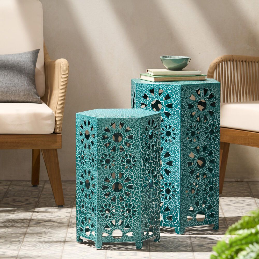Hearth and Haven Eliana 2-Piece Outdoor Hexagon Metal Side Table Set with Sunburst Cut Out Design in Teal, , large
