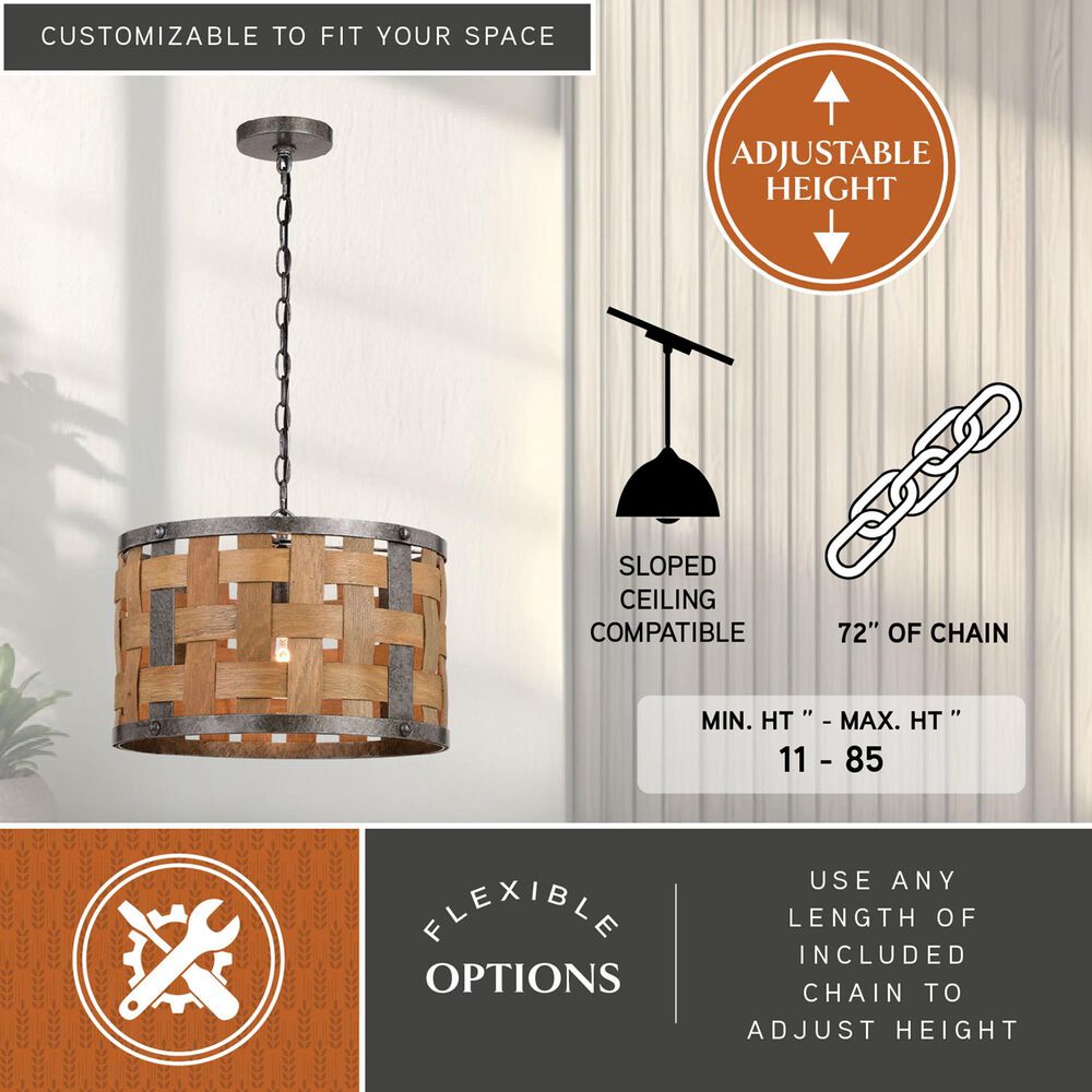 Vaxcel Norwood 1-Light Pendant in Vintage Steel and Distressed Wood, , large