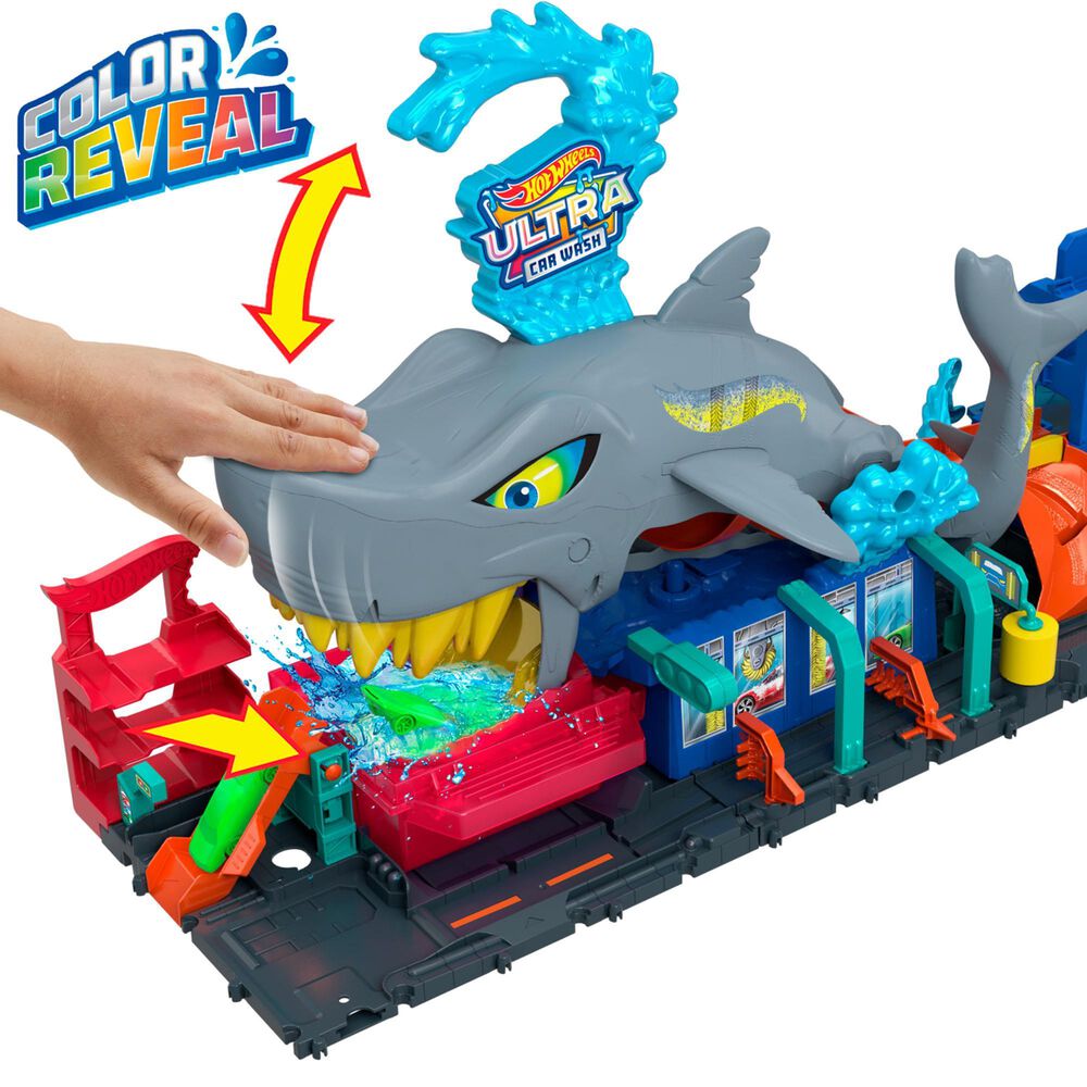 Hot Wheels 1:64 Scale City Ultra Shark Car Wash Station with Color Reveal Toy Car, , large
