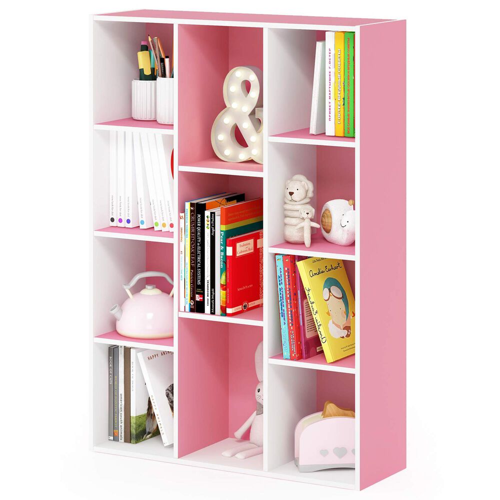 HOMLUX 11-Cube Reversible Open Shelf Bookshelf in White and Pink, , large