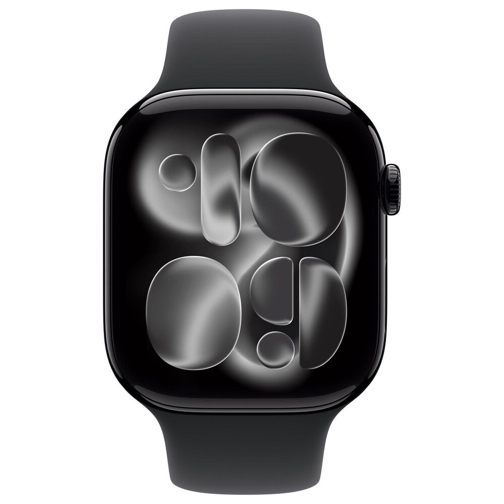 Apple Watch Series 11 (GPS) 46mm Aluminum Case with Black Sport Band - M/L in Jet Black and 2-Year AppleCare+, , large
