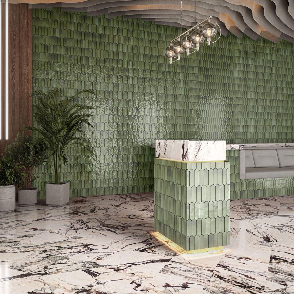 Dal-Tile Artefino Vintage Verdelite 2&quot; x 6&quot; Fish Scale on 12&quot; x 13&quot; Porcelain Mosaic Sheet, , large