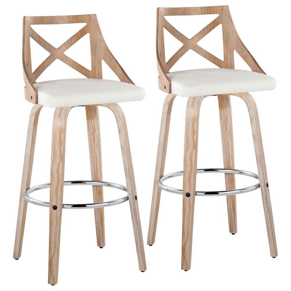LumiSource Charlotte Swivel Bar Stool with White Faux Leather Upholstery in Whitewashed and Chrome (Set of 2), , large