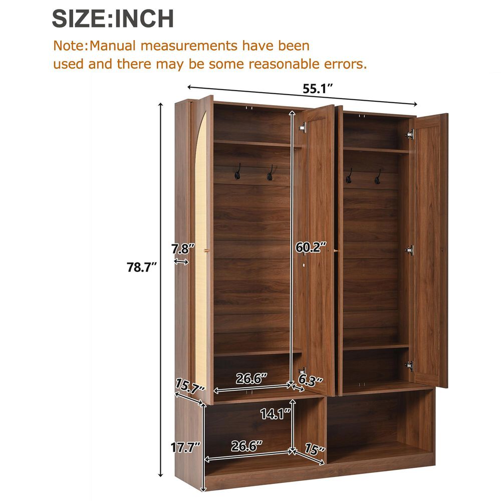 HOMLUX 6-Hook Hall Tree with 2-Rattan Doors in Walnut, , large