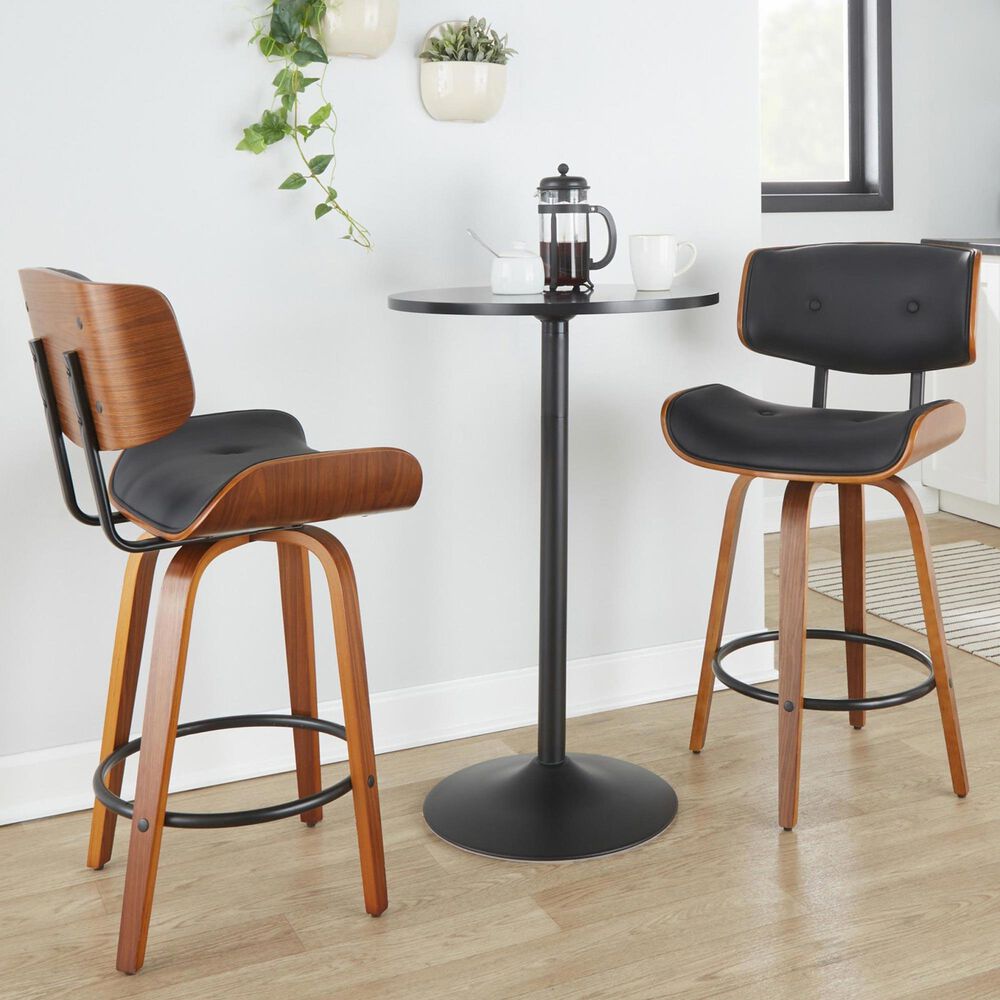 LumiSource Lombardi 26" Swivel Counter Stool with Black Faux Leather Upholstery in Walnut and Black (Set of 2), , large