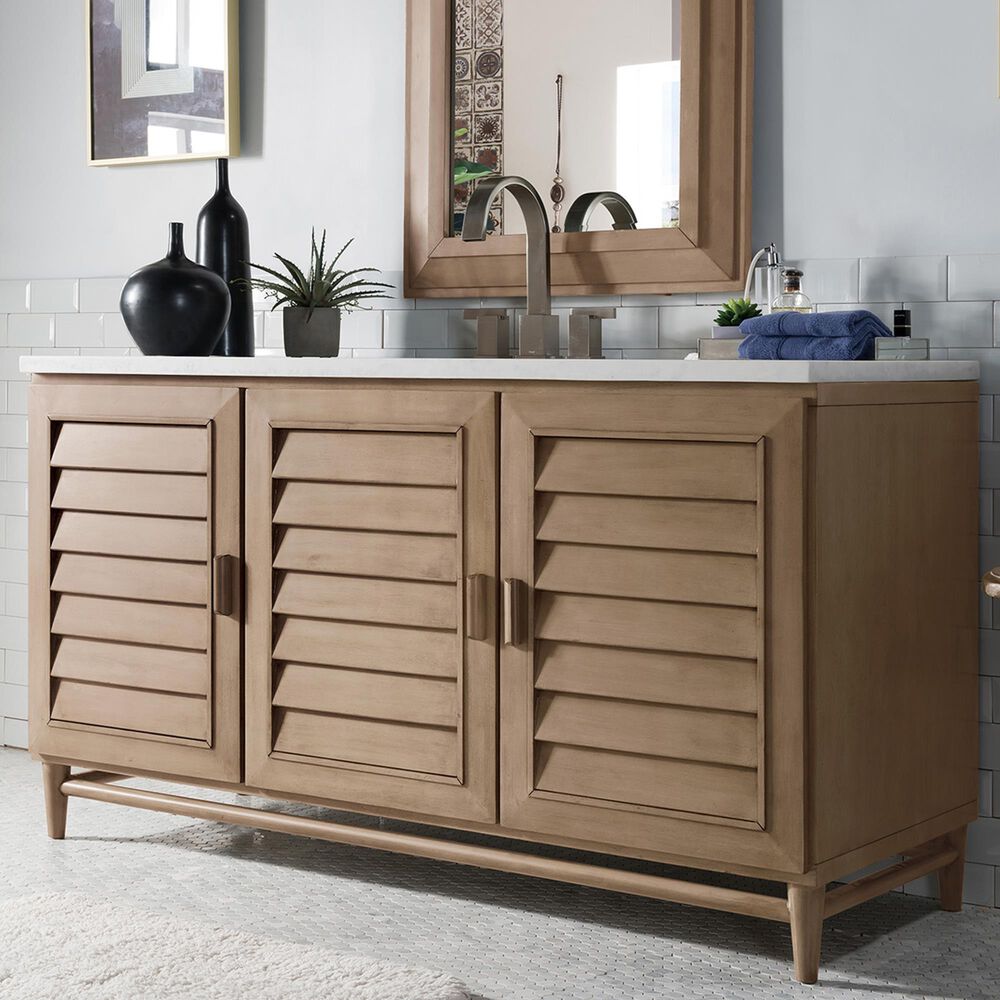 James Martin Vanities Portland 60&quot; Single Bathroom Vanity in Whitewashed Walnut with 3 cm Arctic Fall Solid Surface Top and Rectangular Sink, , large