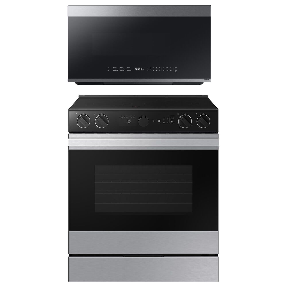 Samsung Bespoke 2-Piece Kitchen Package with 2.1 Cu. Ft. Over-The-Range Microwave and 6.3 Cu. Ft. Slide In Electric Range in Stainless Steel, , large