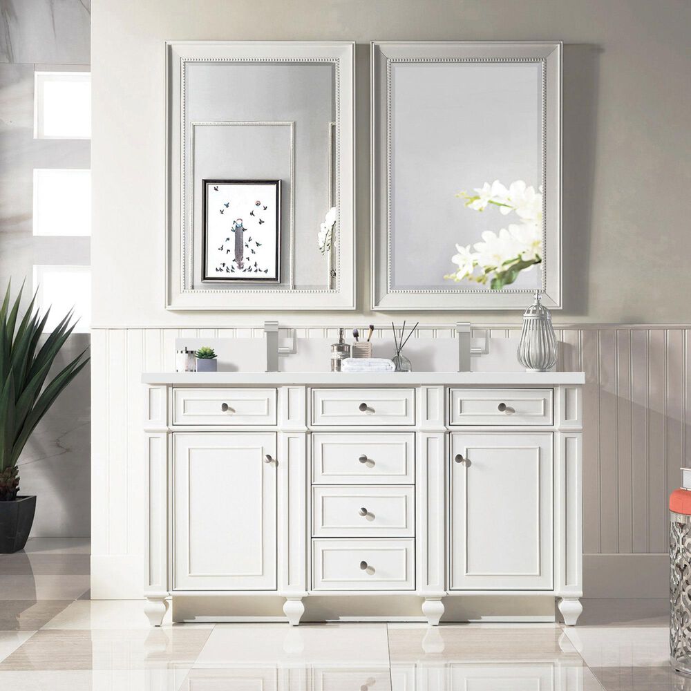 James Martin Vanities Bristol 60&quot; Double Bathroom Vanity in Bright White with Single Hole 3 cm White Zeus Quartz Top and Rectangular Sinks, , large