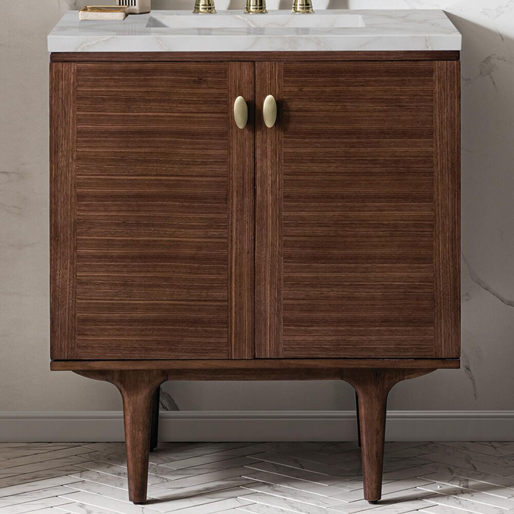 James Martin Vanities Amberly 30&quot; Single Bathroom Vanity in Mid-Century Walnut with 3 cm Victorian Silver Quartz Top and Rectangular Sink, , large