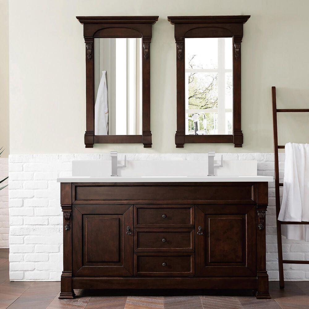 James Martin Vanities Brookfield 60&quot; Double Bathroom Vanity in Burnished Mahogany with Single Hole 3 cm White Zeus Quartz Top and Rectangular Sinks, , large