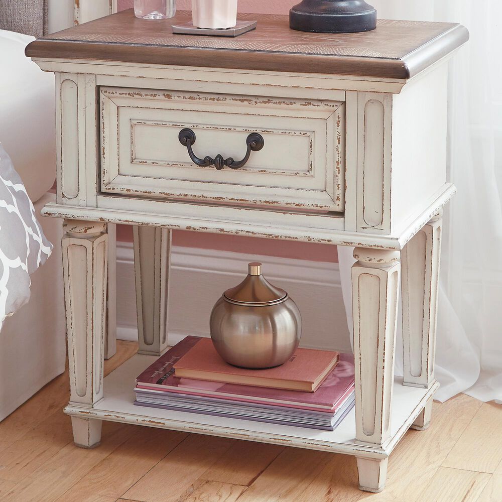 Ashley Realyn 1 Drawer Nightstand in Chipped White and Brown, , large