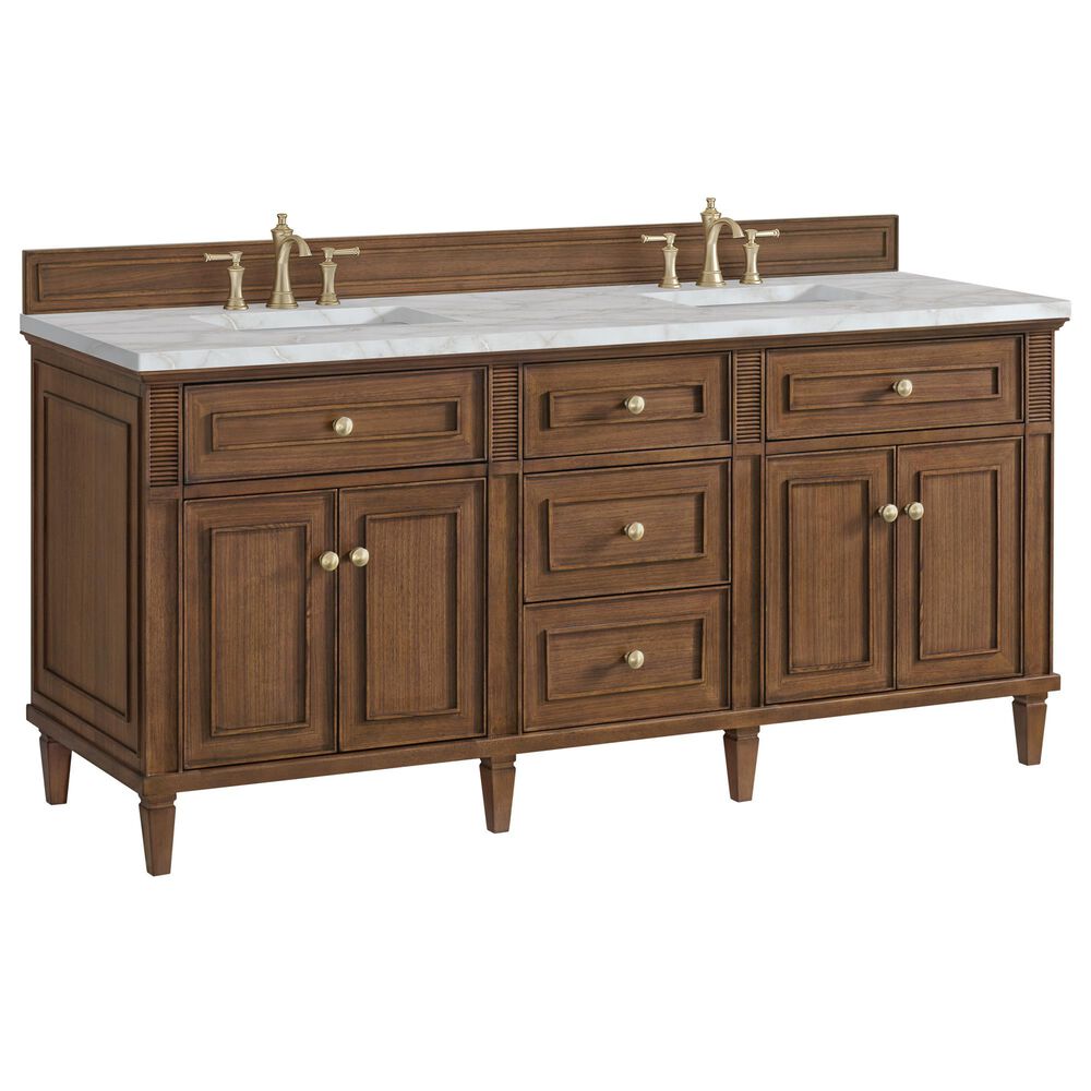 James Martin Vanities Lorelai 72" Double Bathroom Vanity in Mid-Century Walnut with 3 cm Eternal Jasmine Pearl Silestone Top, Rectangular Sinks and FreePower Wireless Charger, , large