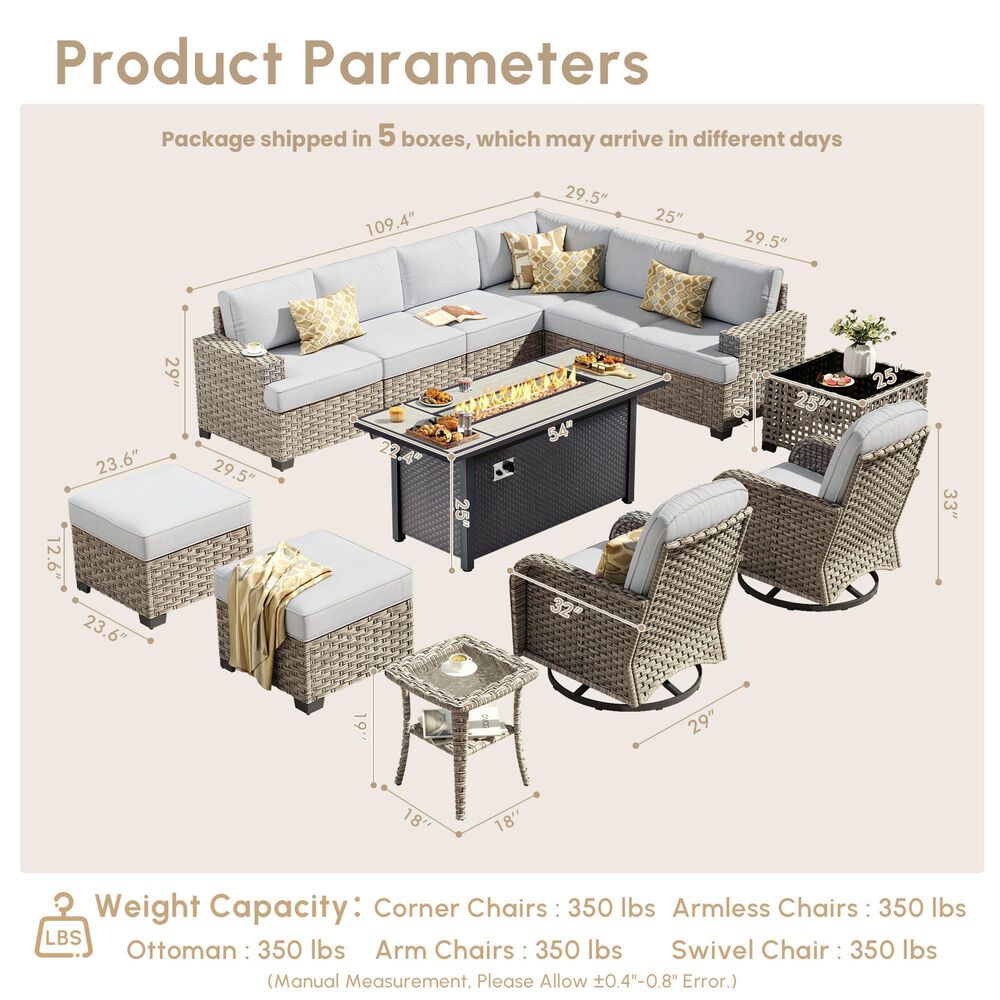 HOMLUX 13-Piece Patio Conversation Set with 54" Fire Pit Table in Light Gray, , large