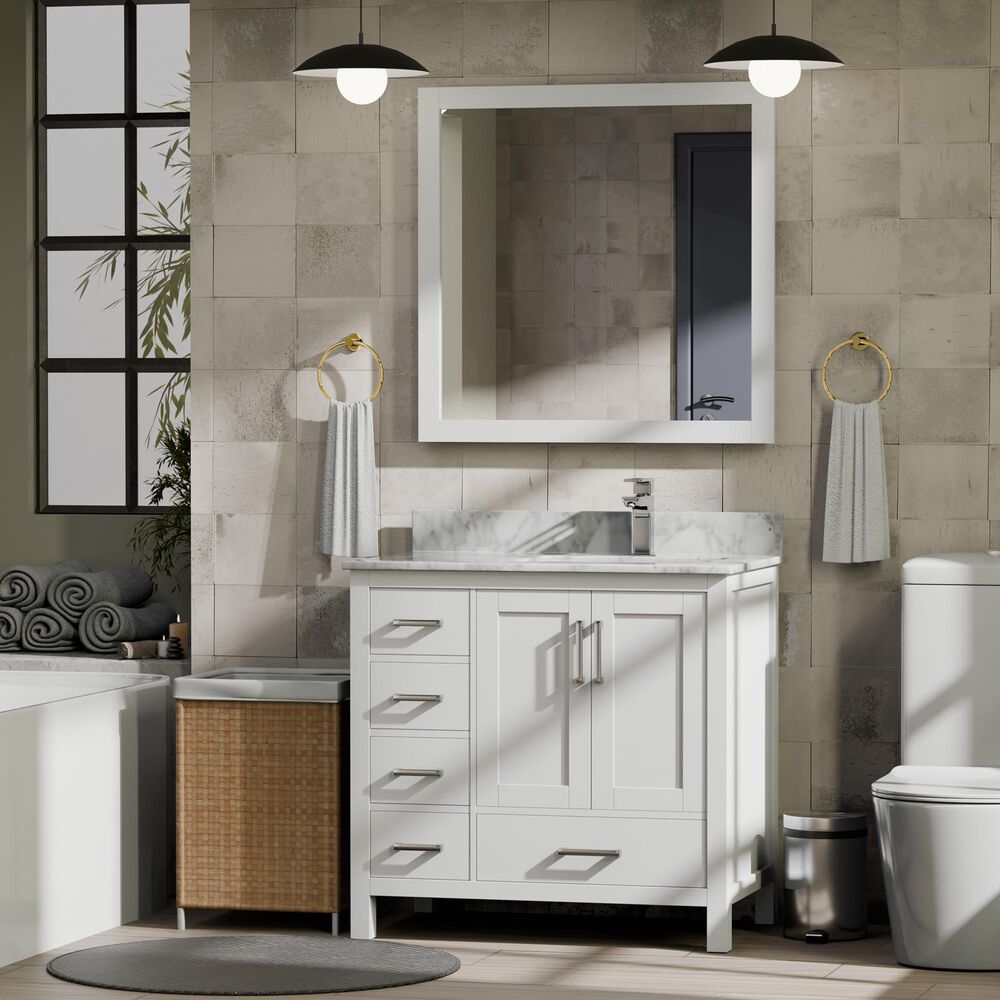 Lexora Home Jacques 36&quot; Right Offset Single Bathroom Vanity in White with 2 cm White Carrara Marble Top and Rectangular Sink, , large