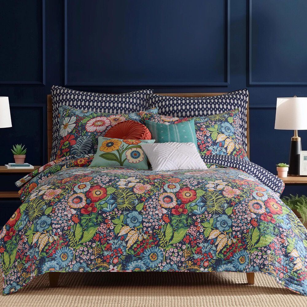 Levtex Night Garden 3-Piece Reversible Full/Queen Quilt Set in Navy, Red, Pink, Green, Ochre and White, , large