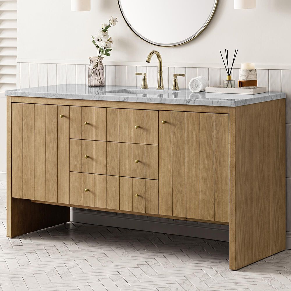 James Martin Vanities Hudson 60&quot; Single Bathroom Vanity in Light Natural Oak with 3 cm Arctic Fall Solid Surface Top and Rectangular Sink, , large