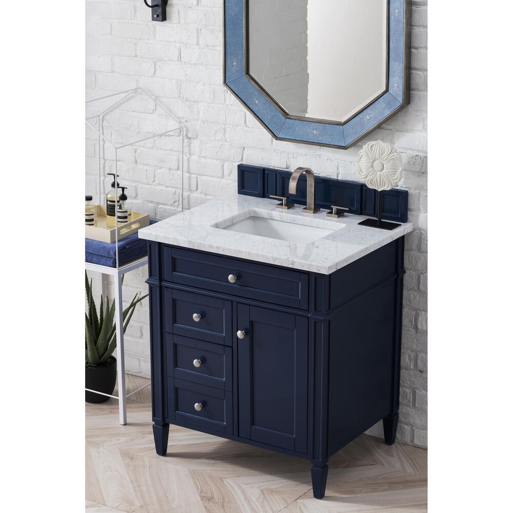 James Martin Vanities Brittany 30&quot; Single Bathroom Vanity in Victory Blue with 3 cm Carrara White Marble Top and Rectangle Sink, , large