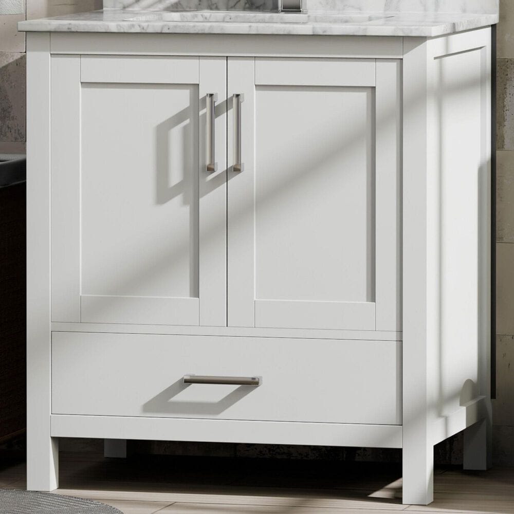 Lexora Home Jacques 30" Single Bathroom Vanity in White with 2 cm White Carrara Marble Top and Rectangular Sink, , large