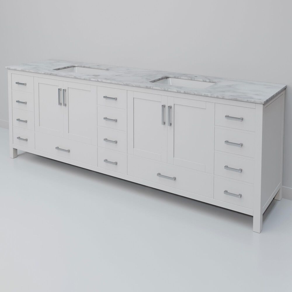 Lexora Home Jacques 84" Double Bathroom Vanity in White with 2 cm White Carrara Marble Top and Rectangular Sinks, , large