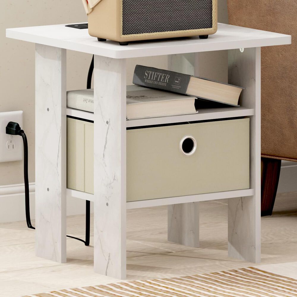 HOMLUX USB and Type-C Port Charging Station End Table with Ivory Storage Bin in Marble White, , large