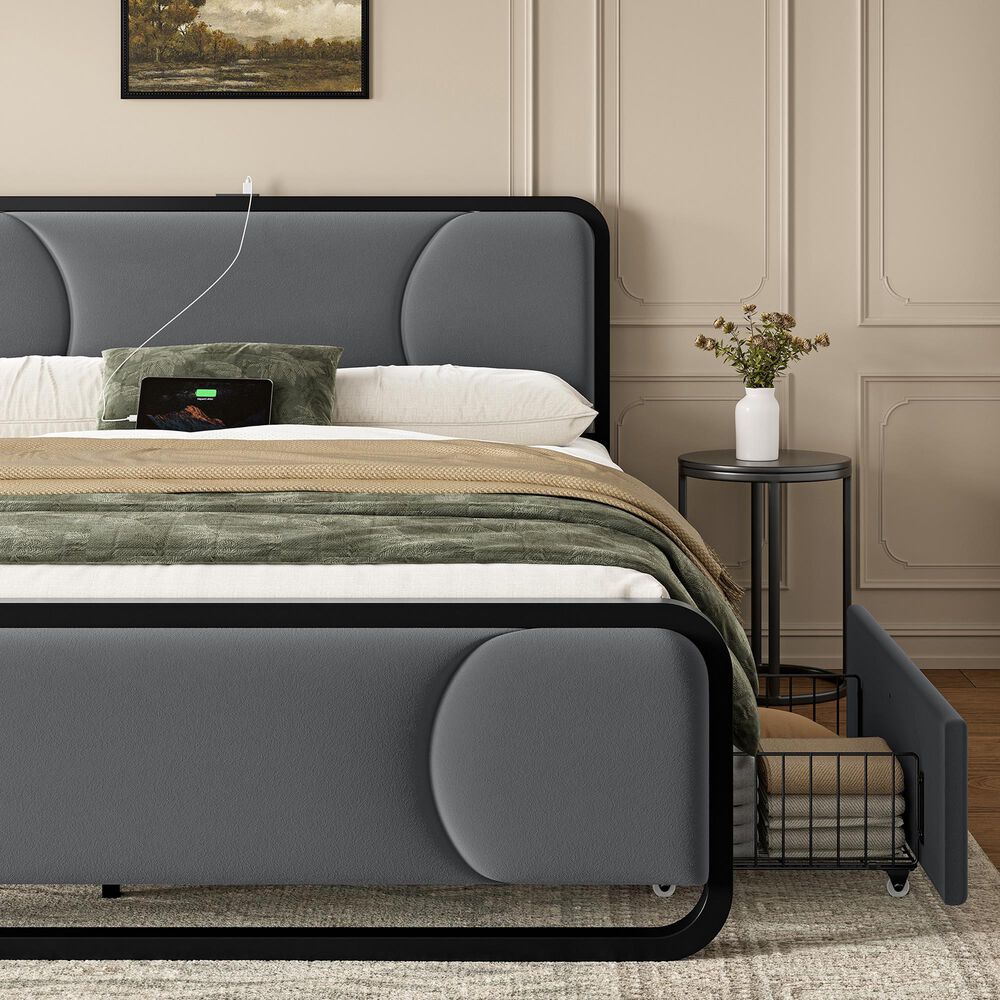 HOMLUX Full Upholstered Platform Storage Bed Frame in Gray, , large