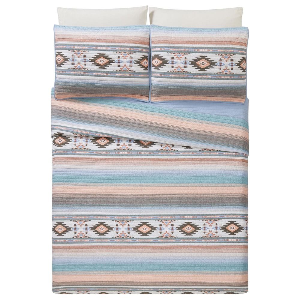 Peking Handicraft Sunset Canyon 3-Piece Full/Queen Quilt Set in Rich Brown, Blue and Coral, , large