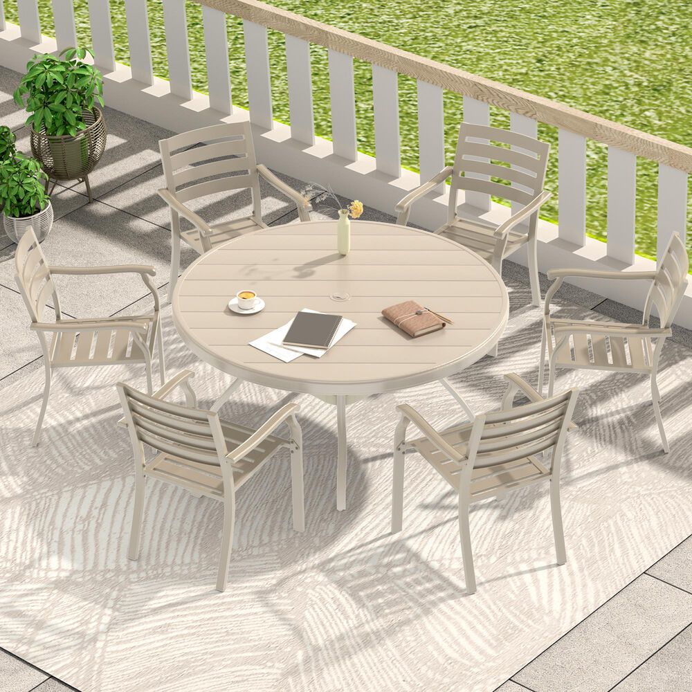 Hearth and Haven 7-Piece Outdoor Metal Dining Set with Stackable Chairs and Round Slatted Table in Sandstone, , large