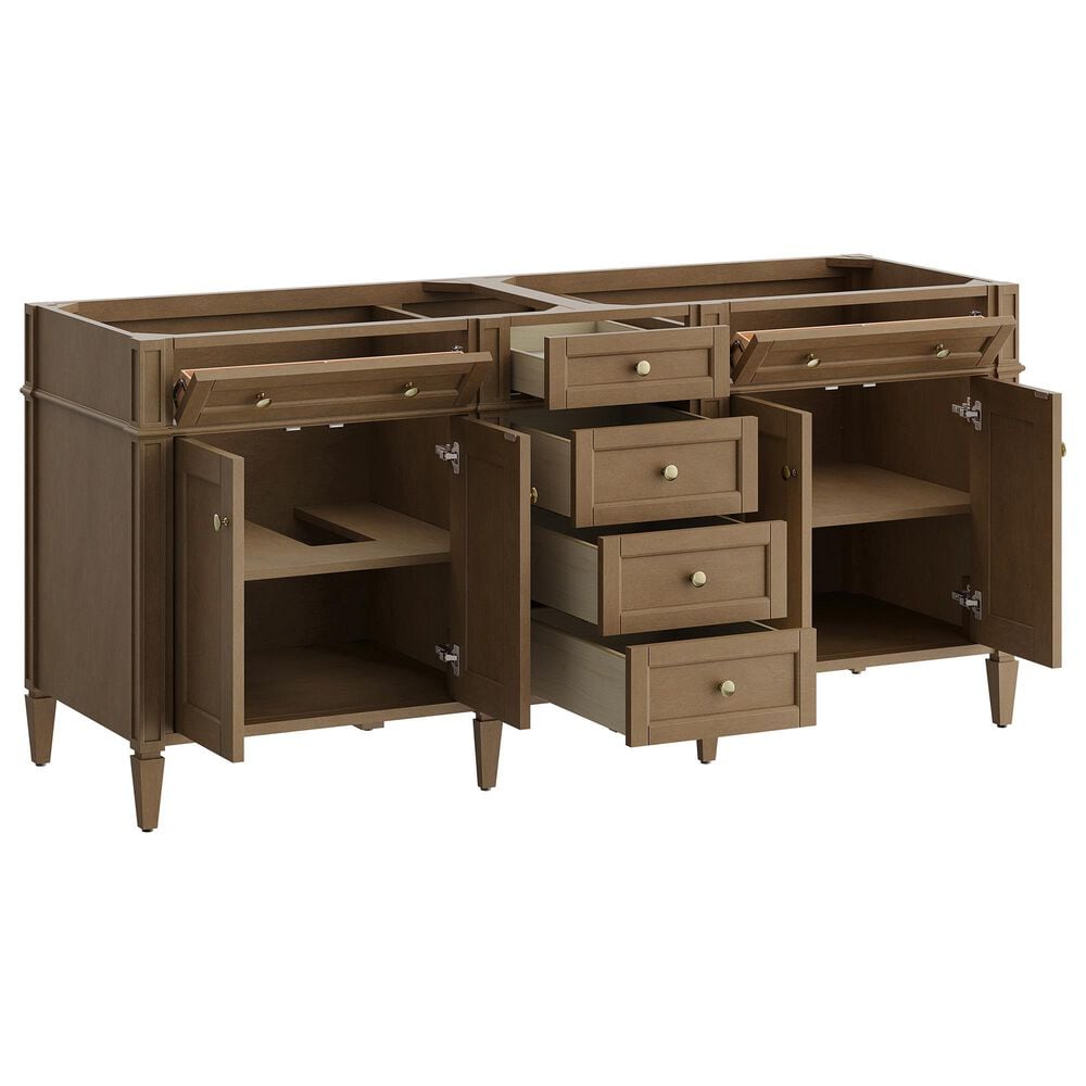 James Martin Brittany 72" Double Bathroom Vanity in Pecan with 3 cm Carrara Marble Top and Rectangular Sinks, , large